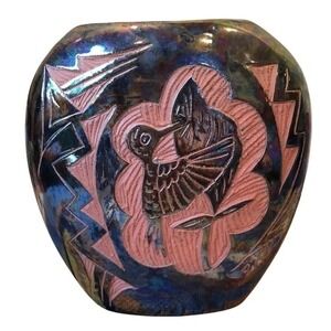 Handmade Mexican Folk Art Hummingbird Motif Iridescent Glaze Pottery Vase